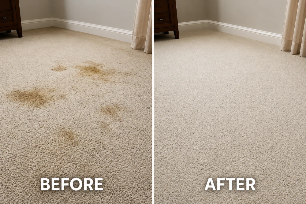 Before and after result of pet stain removal from carpet in Medford, Oregon
