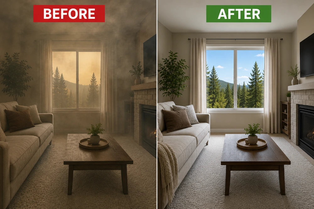 Before and after result of removing wildfire smoke smell from carpet