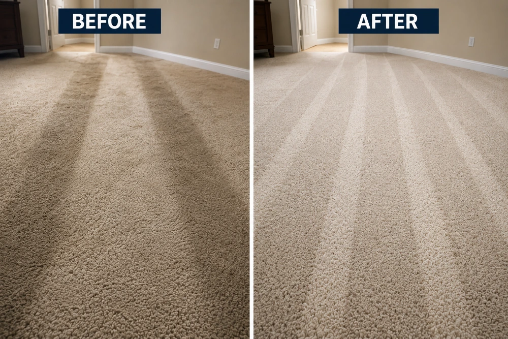 Before and after result of cleaning worn traffic lane carpet stains