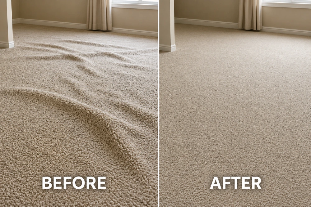 Before and after result of re-stretching wrinkled loose carpet